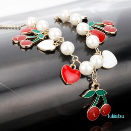 Fashion Fruit Red Cherry Bracelets For Women Accessories Hand Catenary Heart Pearls Bracelet Chain Wristbands-25 Link,