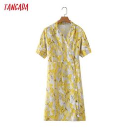 Tangada Summer Women Yellow Flowers Print French Style Dress Buttons Short Sleeve Ladies Sundress 3Y10 210609