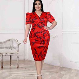 Red Print Dresses Plus Size Women Short Sleeve V Neck Bodycon High Waist Evening Birthday Party Robe for Woman Dropshiping 210527