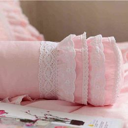 Embroidery pink cushion wedding decorative bedding pillow sweet candy cushion princess ruffle lace lumbar pillow sofa hand rests 211110