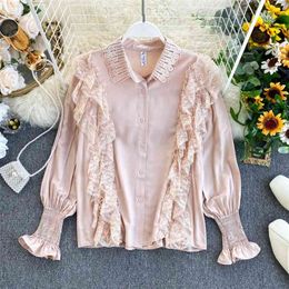 Chic Shirt Women's Sweet Lace Ruffles Slim Fit Long Sleeves Tops Lady Solid Colour Korean Clothing Blouse Shirts L682 210527