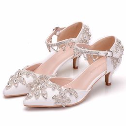 5CM Heel Women Shoes Dress Heels White Matte Rhinestone Tassels Wedding Mary Janes High heels Princess Pointed Toe