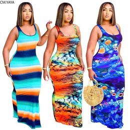 CM.YAYA Women Striped Tie Dye Print Sleeveless Bodycon Midi Maxi Tank Tee Dress Fashion Classic Beach Holiday Long Dresses 210623