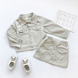 Baby Girls Sets Brand Spring Autumn Fashion Long-Sleeved Lapel Denim Jacket + Skirt 2-Piece Children Clothing Coat 210515