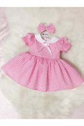 Flaneur Baby Girl Short Sleeve Pink Plaid Dress With Hair Clip For Summer 2021 Special Occasion Premium Quality Cotton Lining Girl's Dresses
