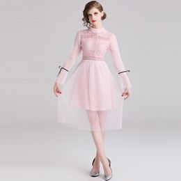 Fashion Pink Pleated Dresses Autumn Women Lace Patchwork Mesh Full Flare Sleeve Midi Dresses Elegant Hollow Out Vestidos 210515