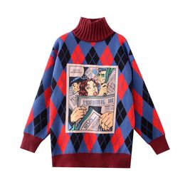 Women Sweater Knitted Pullovers Red Blue Argyle Loose Winter Turtle Neck Character Cartoon Print M0216 210514