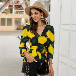 Aelegantmis Women Sexy V Neck Bandage Tops Spring Printed Three Quarter Sleeve Blouse Female Summer Fashion Slim Shirt 210607