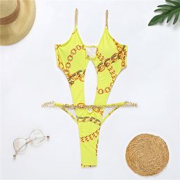 Sexy Thong Swimsuit Women Metal Chain Bandage Bathing Suit Swimwear Yellow Green High Waist Cut Out Monokini 210520