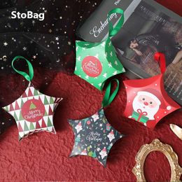 wholesale cookie packaging boxes UK - StoBag 20pcs Star Santa Claus Box Merry Christmas Child Favor Candy Cookies Packaging With Ribbon Year Gift Decoration 210602