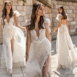 Muse By Berta Wedding Dresses V Neck Lace Sequins Split Backless Sweep Train Bridal Gowns Plus Size Boho Robe De Mariée