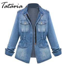 1 Women Casual Denim Jackets Cardigan Zipper Casaco Feminino Coat Pockets Top Streetwear Slim Elastic Waist Jeans Jacket 210514