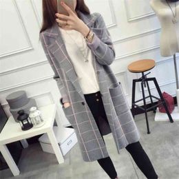 Autumn Winter High Quality Long Cardigan Women Sweater Sleeve Knitted Plaid Cardigans Female Tricot Tops 210427