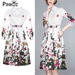 two pieces set women spring autumn single breasted long sleeve shirt blouse printed tops and skirt tropical flower sets 210421