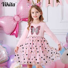 VIKITA Autumn Girls Dress Butterfly Sequins Kids Long Sleeve Dresses Baby Girls Princess Dress Party Clothes Birthday Dresses Q0716