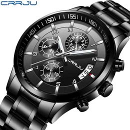 Fashion Watches CRRJU Men Chronograph Luxury Waterproof Watch Black Business Stainless Steel Clock For Men relogio masculino 210517