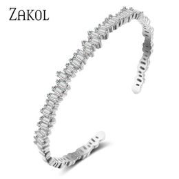 Zakol Fashion Black Cubic Zirconia Bracelet Bangle Trendy Baguette Cuff Bangles for Women Girl Party Wedding Jewellery Fsbp154 Q0719