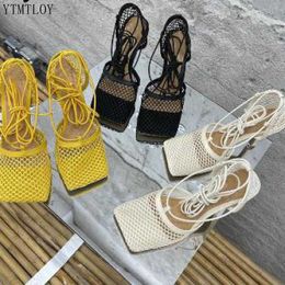 Sexy Hollow Out Mesh Women Pumps Lace Up Sandals Female Square Toe High Heel Summer Fashion Ankle Strap Ytmtloy Y0714