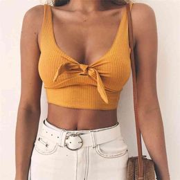 Ribbed Bow Tie Camisole Tank Tops Women Summer Basic Crop Top Streetwear Fashion Cool Girls Cropped Tees Camis 210607