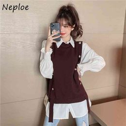 Work Style Ol Temperament 2 Pcs Women Set Turn Down Collar Long Sleeve Shirt + O Neck Button Design Sleeveless Vest Suit 210422