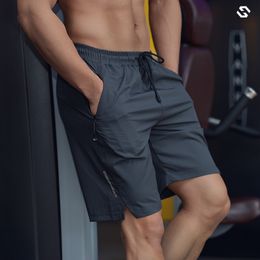 Grey Men Running Shorts with zipper pocket Summer Quick Dry Fitness Bodybuilding Sweatpants Gym Sport Training Pants