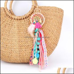 Keychains Fashion Accessories Boho Leather Fringed Dreamcatcher Pompons Keychain Handbag Accessorise Bag Or Car Charm Key Ring Jewelry Gift