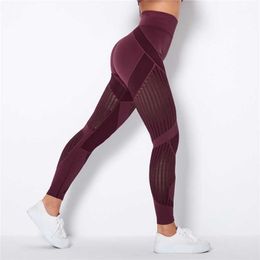 Rooftrellen 20%Spandex Hollow Mesh Leggings Women Seamless Knitted Leggings High Waist Stripe Pants Slim Push Up Fitness Leggins 210929