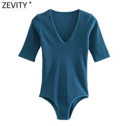 Zevity Spring Women Fashion V Neck Short Sleeve Pinstripe Slim Bodysuits Female Chic Casual Playsuits Sexy Siamese Romper LS7457 210603