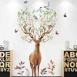 Creative Nordic Animal Large Deer Antlers Bird Branches Wall Sticker Self Adhesive PVC Removable Living Room Bedroom Decoration 210914