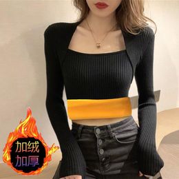 Women's Sweaters Velvet Thick Underwear Woman TShirts Spring And Autumn Square Collar Slim Fit Long-Sleeved T-shirt Winter Top Crop Mujer