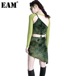 [EAM] Women Green Spliced Slim Hollow Out Leopard Dress Slash Neck Long Sleeve Loose Fit Fashion Spring Summer 1DD7675 21512