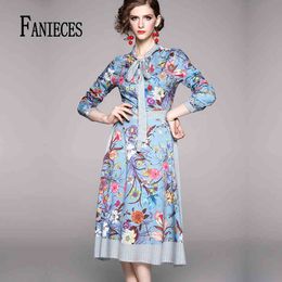 Spring Autumn Women Vintage sukienki Dresses Runway Quality Long Sleeve Print Elegant Midi Summer Dress Vestidos Robe Femme 210520