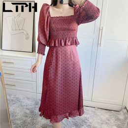 French elegant Dot print Outfits two piece set women Square collar puff sleeve tops sexy split skirt sets Summer 210427