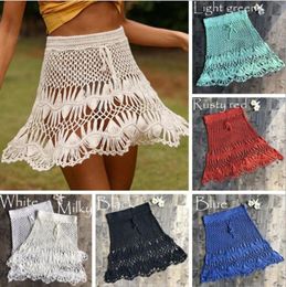 Boho Cotton Crochet Knitted Mini Skirts Women Summer High Waist Beach Hollow Out Skirt Cool Sarongs