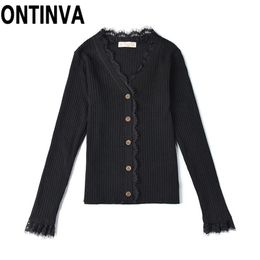 Ladies Autumn French Retro Style Black Blue Knitwear Tops Jumper with Lace V-neck Arrival Knitted Women Outdoor Cardigan 210527