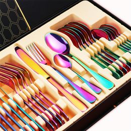 24 PCS Rainbow Tableware Non-fading Flatware Set Cutlery Stainless Steel Dinnerware Set Colorful Hotel Party Kitchen Gift Box 210317