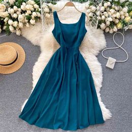 Chic Women Summer Fashion Retro Solid Colour High Waist Slim A-line Dress Lady Square Neck Sleeveless Vestidos R427 210527