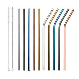 2021 8.5 inch 10.5 inch Colourful Stainless Steel Drinking Straws Straight and Bent Reusable Philtre and Cleaning Brush Party Bar