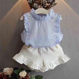 Summer Girls' Clothes Sets Bow Tie Ruffled Sleeveless Top+ Shorts 2PCS Suit Toddler Baby Kids Outfits Children's Clothing 210625