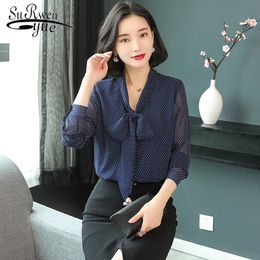 Autumn Chiffon Shirt Printing Dot Women Blouses Temperament Long Sleeve Ladies Bow Tie Top Plus Size 6107 50 210508