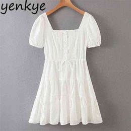 Fashion Women Elegant White Dress Square Neck Puff Sleeve A-line Slim Female Summer Mini Party Lady es robe vestido 210514