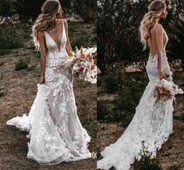 Mermaid Sexy Backless Wedding Dresses Deep V Neck D Floral Applique Sweep Train Custom Made Beaded Lace Boho Beach Country Bridal Gown Vestido De Novia estido e