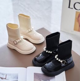 -Stiefel Kinder Single Girls Mode Pearl Kurze Leder Schuhe Mädchen Gestrickte Set von Füße High-Top Princess