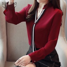 Blusas Mujer New Stand Collar Pullover Blouse Women Tops Chiffon Office Lady Long Sleeve White Red Women's Blouse Shirt 6469 50 210317