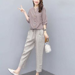 New 2020 Summer Single Causal Suits Fashion Striped Short Sleeve Loose Two Piece Sets Middle Aged Women Outfits Tracksuits W251 X0428