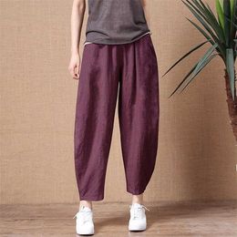 ShiMai Women's Cotton Linen Pants Elastic Waist Vintage Trousers Lady Loose Casual S-2XL Retro Literary 211124