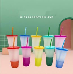 US STOCK 24oz Colorful Changing Cup Magic Plastic Drinking Tumblers with Lid and Straw Reusable Clear Colors Cold Cup Summer Beer Mugs