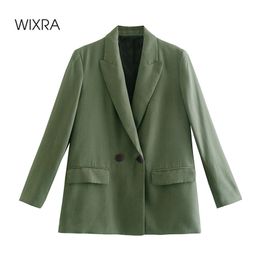 Wixra Women Blazer Solid Casual Notched Double Breasted Coat Female OL Chic Tops +Zipper Suit Pants Sets 220315
