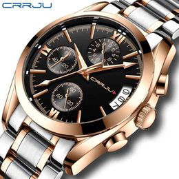 CRRJU Mens Quartz Analogue Watch Luxury Fashion Sport Wristwatch Waterproof Stainless steel Male Watches Clock Relogio Masculino 210517