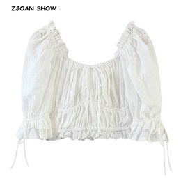 Women White Embroidery Hollow out Square Collar Puff Sleeve Shirt Retro Elastic Ruched Slim Short Blouse Crop Summer Tops 210429